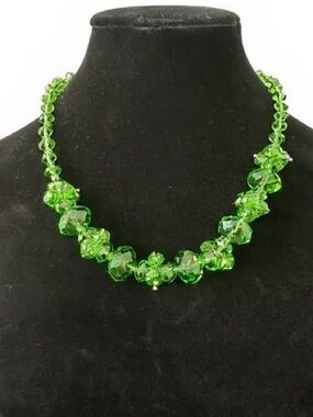 Emerald Green Faceted Crystal Glass Necklace Vintage Czech Style Statement